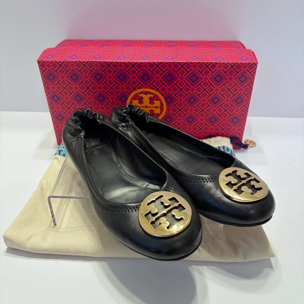 Tory Burch Classic Reva Black Leather Gold Medallion Ballet Flats Box Dust Bag